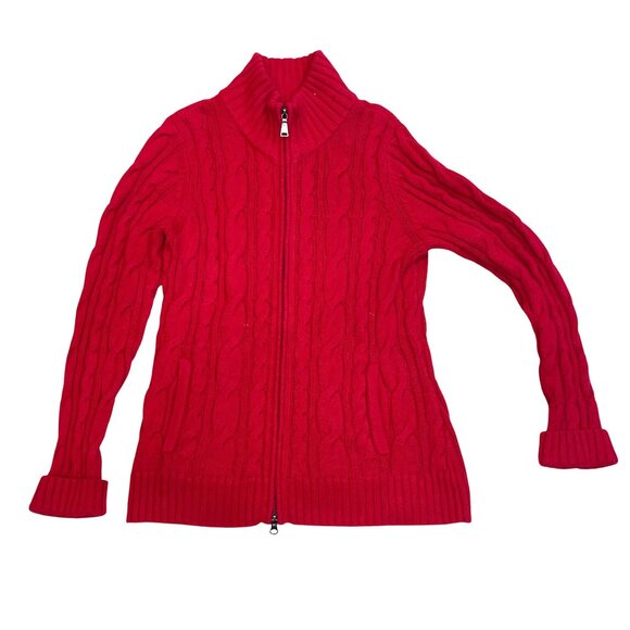 Eddie Bauer Cable Knit Cardigan Sweater Women's Size Medium Full Zip Cotton Wool - Picture 1 of 14